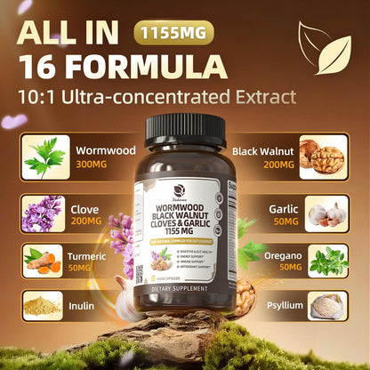 Lukaree 16-in-1 Wormwood Black Walnut Clove Cleanse for Humans – Natural Gut Detox & Digestive Health with Pumpkin Seeds Garlic Oregano Turmeric, Liposomal Tech