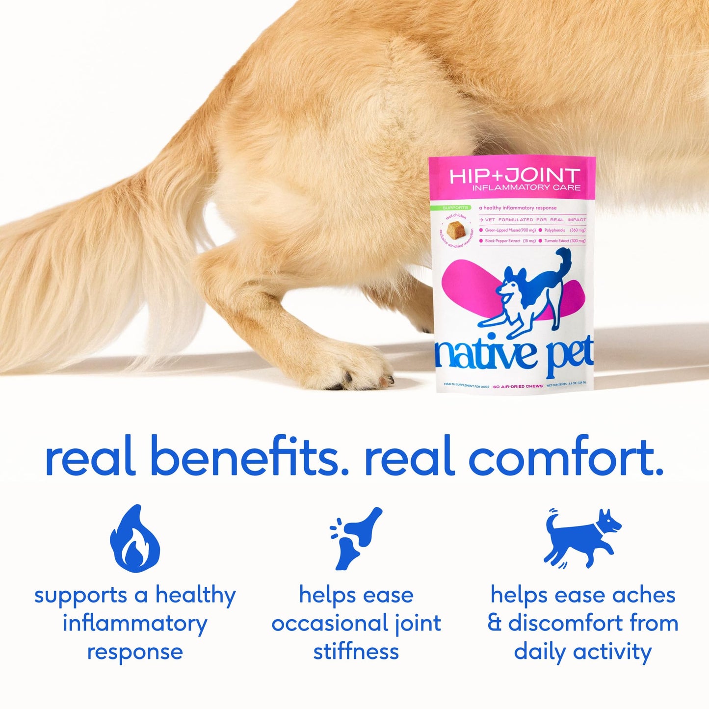 Native Pet Inflammatory Care - Pain Relief for Dogs - Green-Lipped Mussel, Turmeric & Collagen for Dogs - Hip and Joint Supplement Supports Healthy Inflammatory Response & Joint Comfort - 60 Chews Native PetBuy Supplements Australia