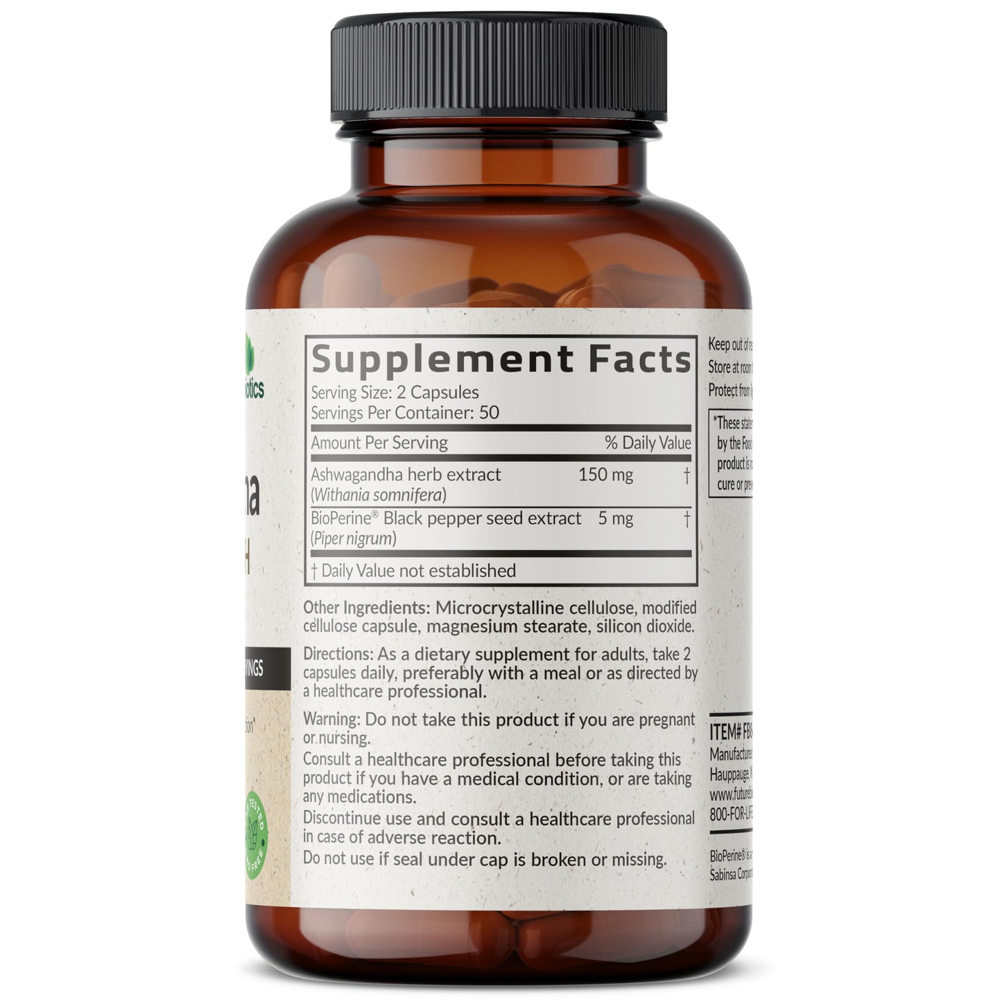 Futurebiotics Ashwagandha Extra Strength Stress & Mood Support with BioPerine - Non GMO Formula, 100 Vegetarian Capsules