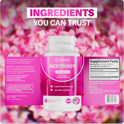 Rosabella Organic Beet Root Capsules - 1300mg Beet Root Powder Aids Healthy Circulation & Vitality, Non-GMO, Beet Root Supplement