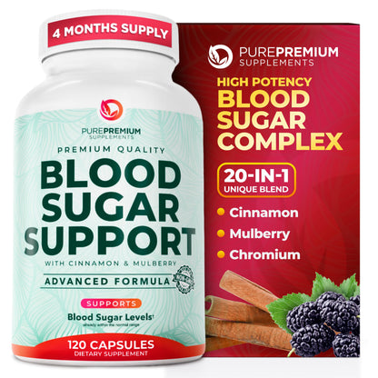 PurePremium Normal Blood Sugar Support Supplement - 20 Active Ingredients Complex to Support Blood Sugar Levels Already in The Normal Range - with Cinnamon