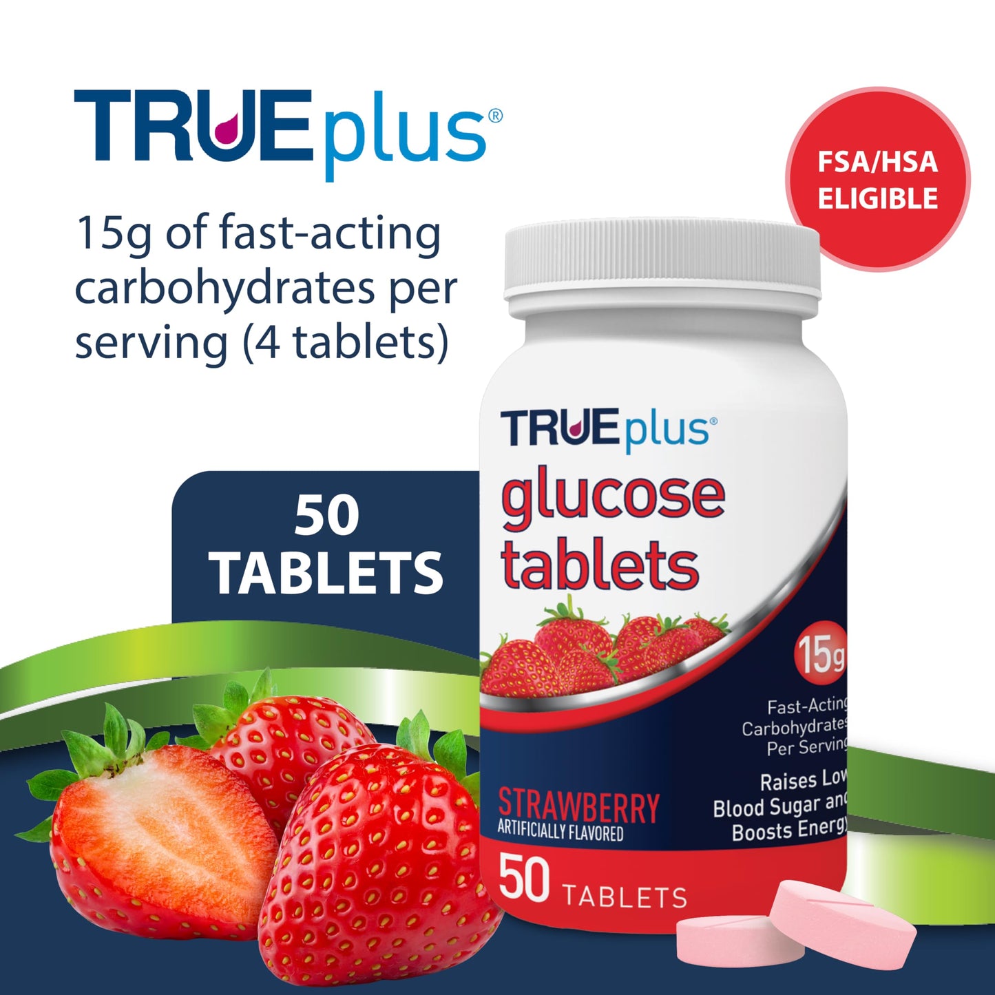 TRUEplus Glucose Tablets, Chewable, Strawberry Flavor, 15g Fast-Acting Carbohydrates, Fat Free, Gluten Free, Boost Energy, 50 Count (Pack of 2)