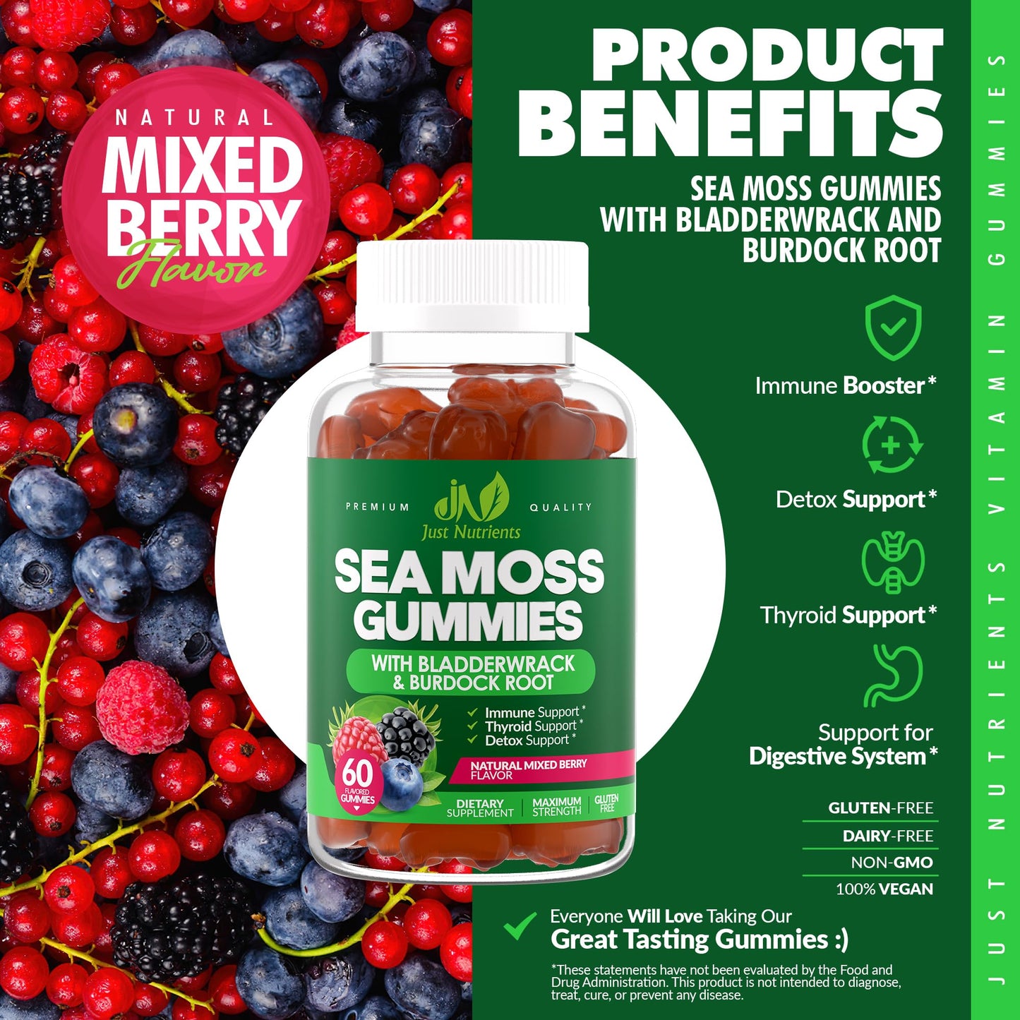 Sea Moss 3000mg Gummies with Bladderwrack and Burdock Root - Natural Irish Sea Moss Superfood for Immune, Thyroid and Detox Support - Extra Strength