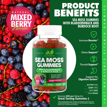 Sea Moss 3000mg Gummies with Bladderwrack and Burdock Root - Natural Irish Sea Moss Superfood for Immune, Thyroid and Detox Support - Extra Strength