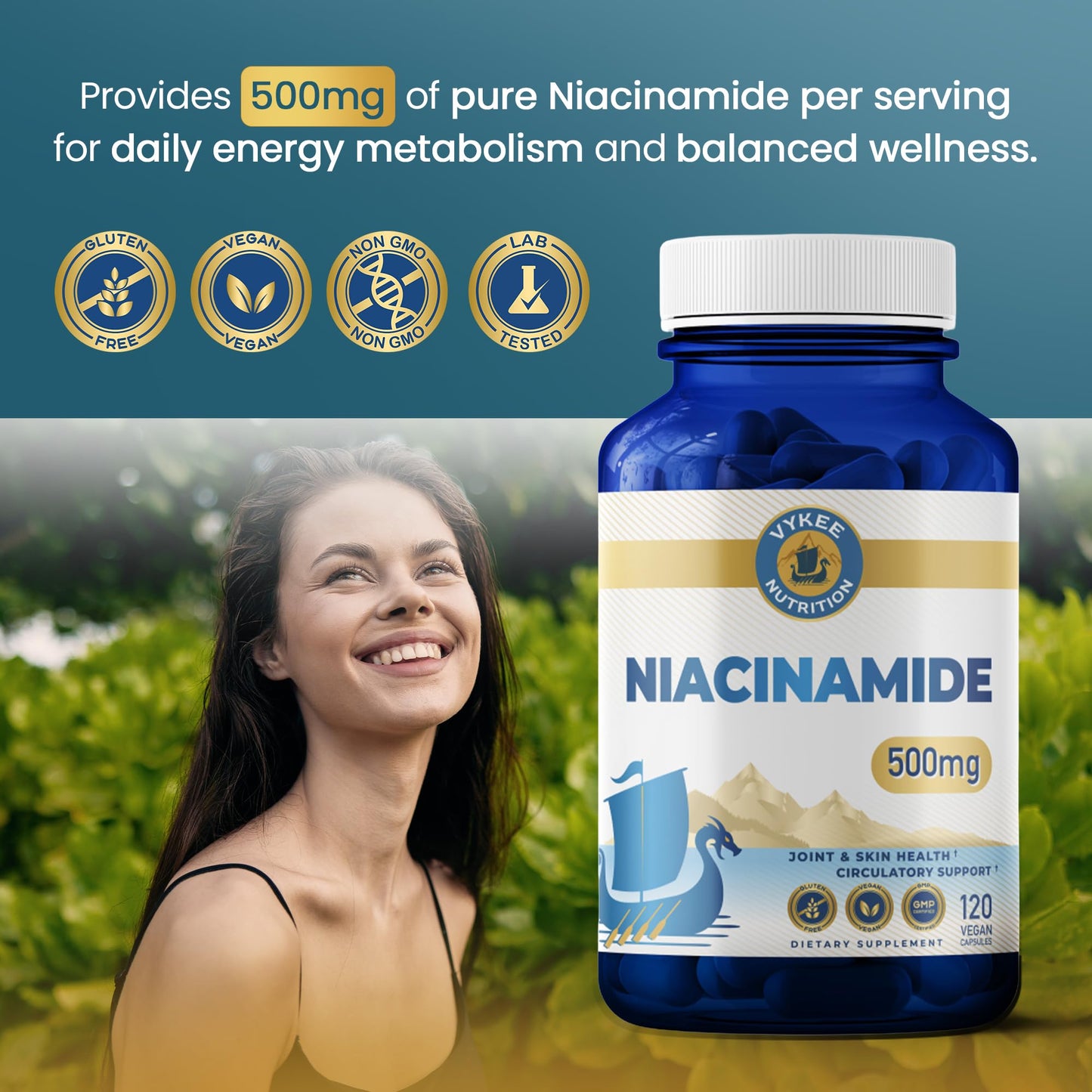 Vykee Nutrition Niacinamide Capsules - Vitamin B3 Supplement for Skin Wellness Cellular Energy and Metabolic Support - Vegan, Non-GMO Gluten Free