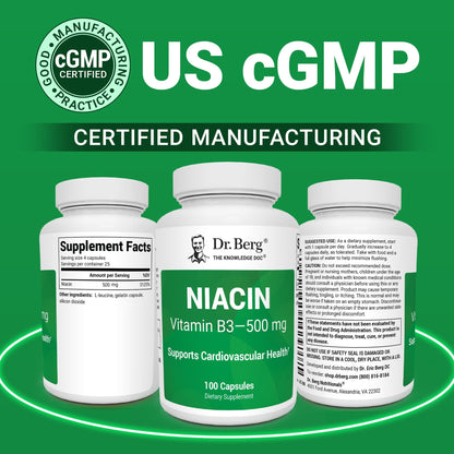 Dr. Berg Highly-Potent Niacin 500 mg – Now Only 125 mg per Capsule for Niacin Flush Tolerance Building – Gradually Increase to 500mg a Day – Vitamin B3 for Heart