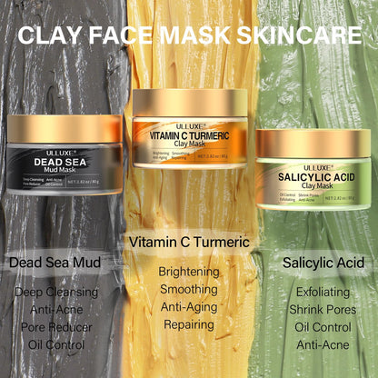 Facial Clay Mask Set - Vitamin C Turmeric Face Mask, Dead Sea Mud & Salicylic Acid (BHA) Mask for Pore Cleansing, Brightening, Blackheads & Dark Spots, Face Masks Skincare