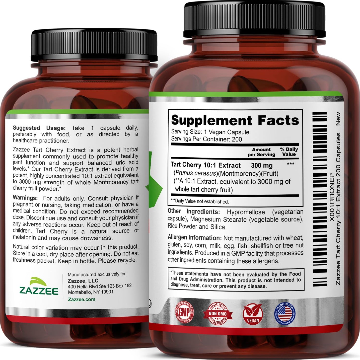 Zazzee Tart Cherry 10:1 Extract, 200 Vegan Capsules, 6+ Month Supply, Montmorency Cherry, Certified Kosher, Joint & Uric Acid Support, Antioxidant Support Formula,