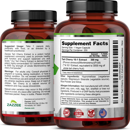 Zazzee Tart Cherry 10:1 Extract, 200 Vegan Capsules, 6+ Month Supply, Montmorency Cherry, Certified Kosher, Joint & Uric Acid Support, Antioxidant Support Formula,