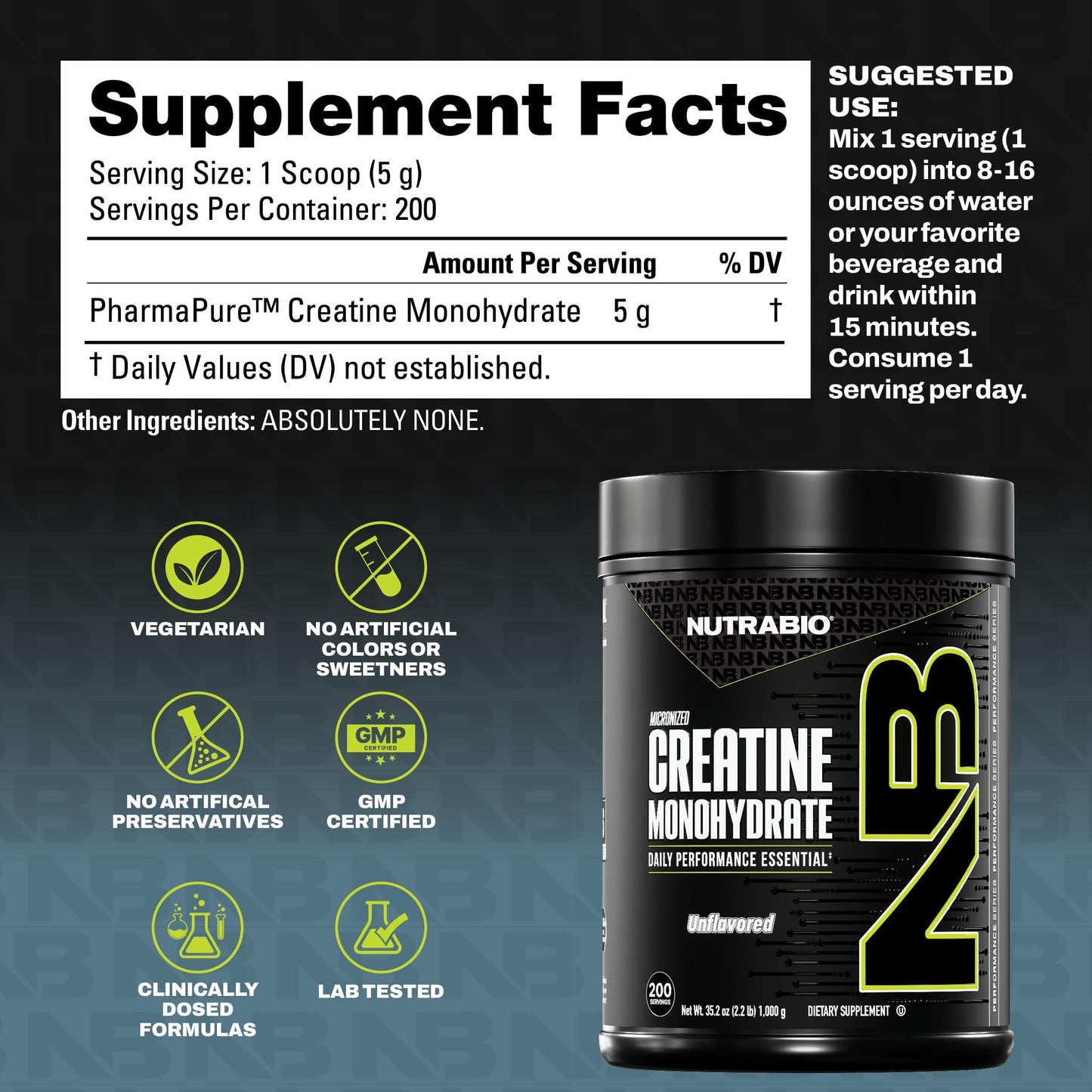 NutraBio Pure Micronized Creatine Monohydrate Powder Supplement, Unflavored, (1000 g) - Supports Bulk Muscle Energy, Recovery, and Strength - HPLC Tested Creatine Powder