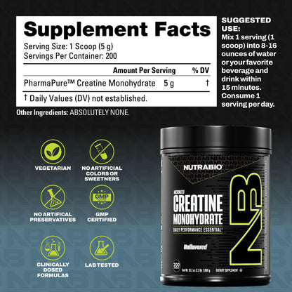 NutraBio Pure Micronized Creatine Monohydrate Powder Supplement, Unflavored, (1000 g) - Supports Bulk Muscle Energy, Recovery, and Strength - HPLC Tested Creatine Powder