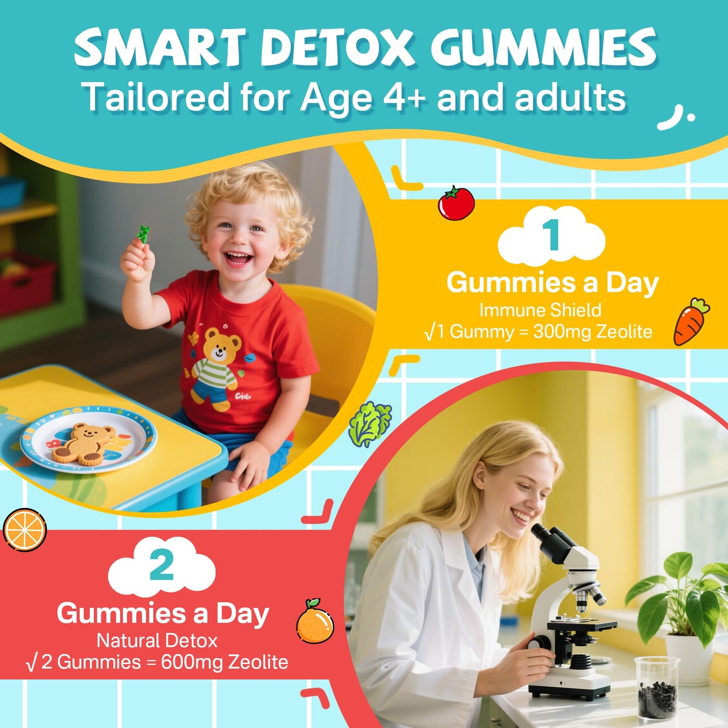 Zeolite Detox for kids & Adult-Sugar Free Zeolite Detox Gummies with Spirulina, Chlorella, Milk Thistle, Magnesium Glycinate, Calcium Citrate for Energy