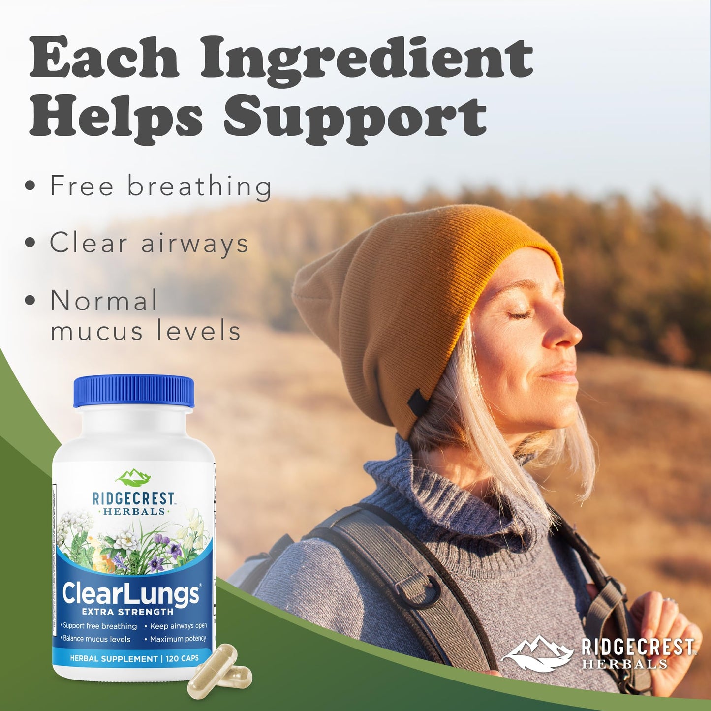 RidgeCrest Herbals ClearLungs Extra Strength, Daily Health Supplement, Natural Lung and Nasal Wellness Formula (120 Vegan Caps, 60 Serv)