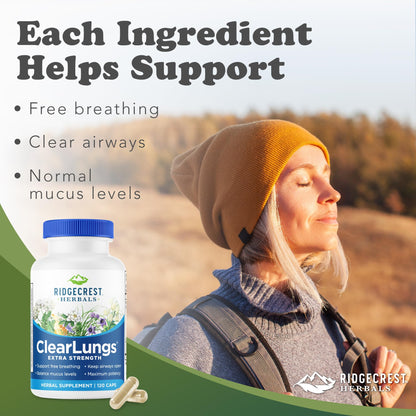 RidgeCrest Herbals ClearLungs Extra Strength, Daily Health Supplement, Natural Lung and Nasal Wellness Formula (120 Vegan Caps, 60 Serv)