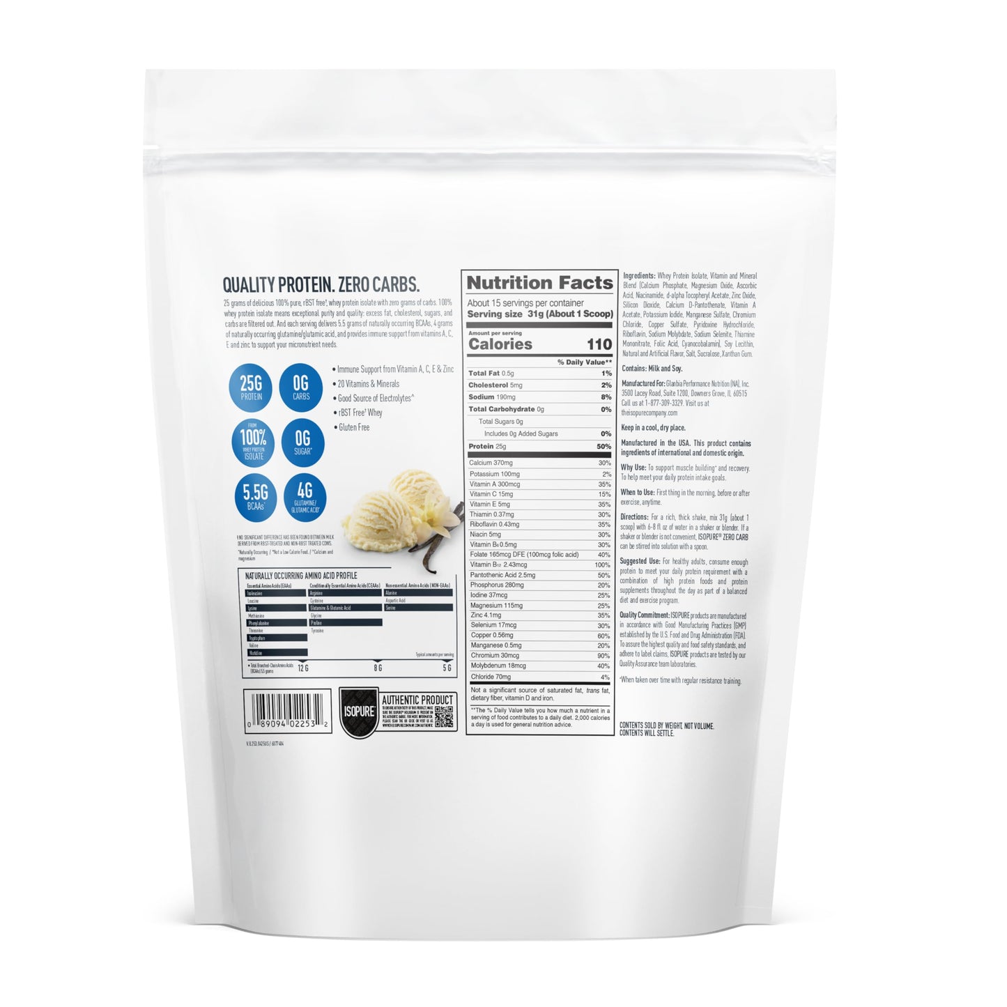 Isopure Zero Carb 100% Pure Whey Isolate Protein Powder, Lactose Free, Gluten Free, with Vitamins, Creamy Vanilla, 25g Protein Per Serving, 1 Lb,