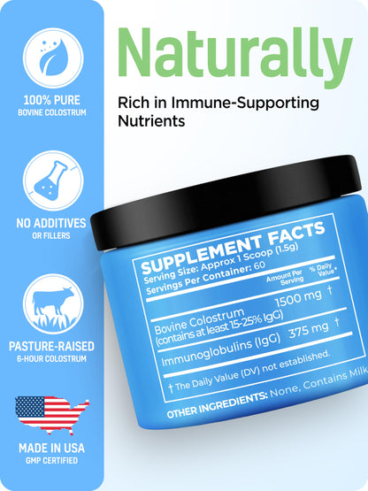 Bovine Colostrum Powder for Women &Men Source of IgG & IgA Grass-Fed, Pure Bovine Colostrum for Gut Health, Immune Support, Muscle Recovery & Wellness, Unflavored
