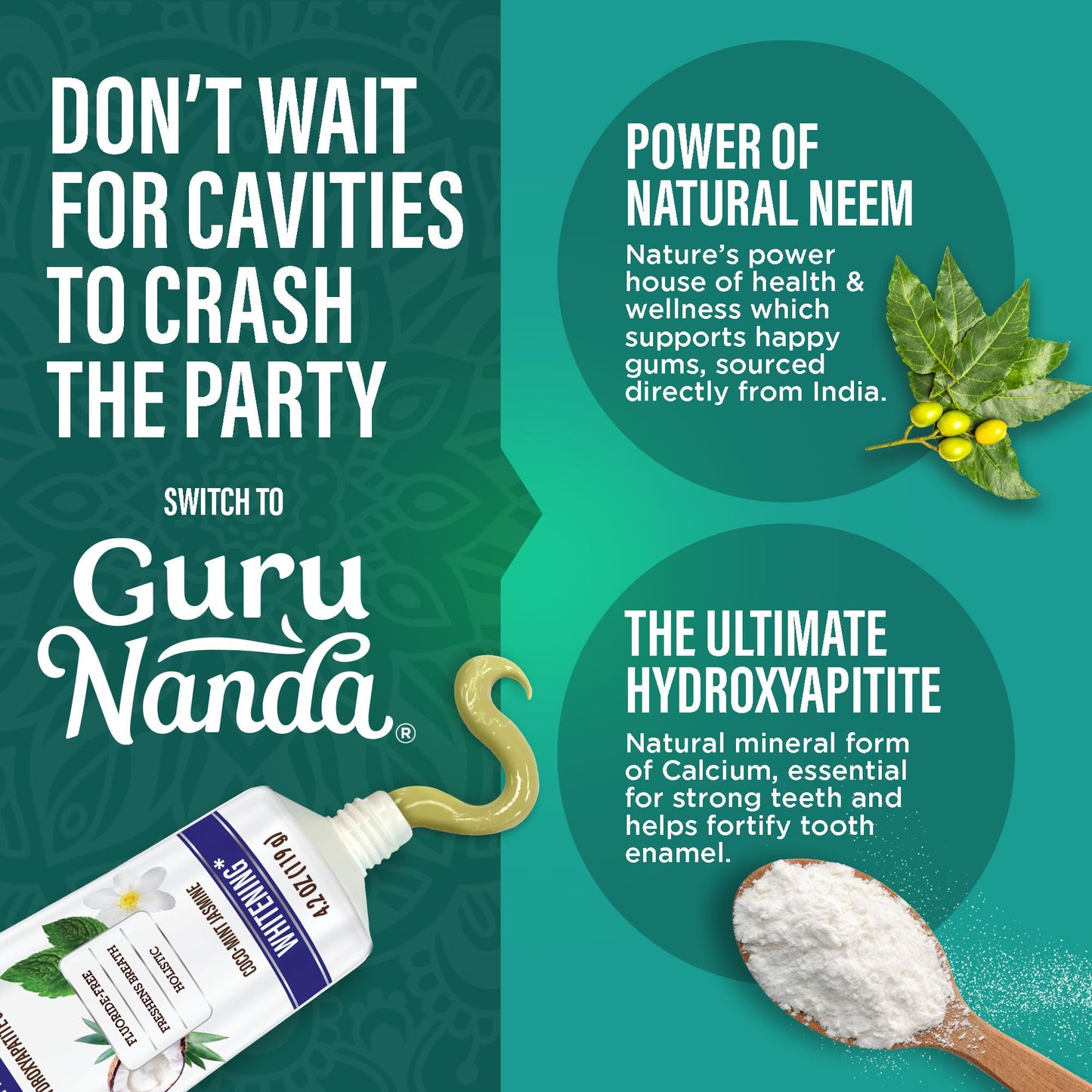 GuruNanda Hydroxyapatite Toothpaste for Whitening with Neem & Xylitol, SLS & Fluoride Free Formula with Tongue Scraper & Squeezer - Freshens Breath, Fights Plaque