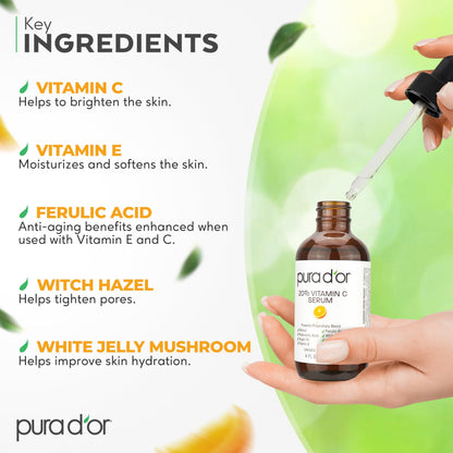 PURA D'OR 20% Vitamin C Facial Serum 4 Oz Antioxidant Blend w/Retinol, Hyaluronic Acid, Vitamin E, Ferulic Acid - Hydrating Lightweight Skincare Formula