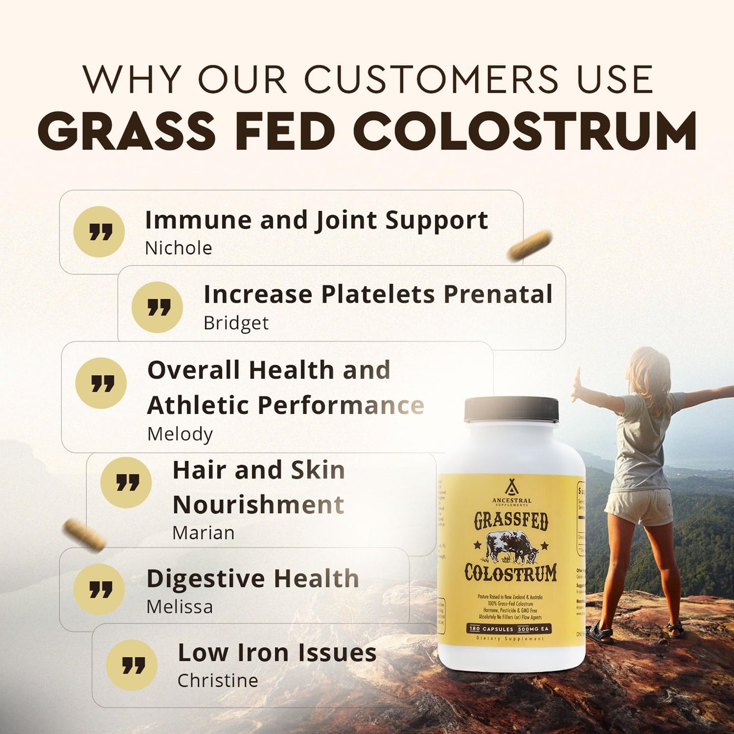 Ancestral Supplements Grass Fed Beef Colostrum Supplement, 3000 mg, Offers Immune Support and Promotes Gut Health, Athletic Performance, Healthy Iron Levels