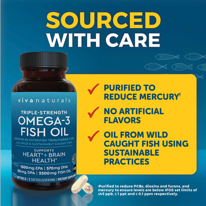 Viva Naturals Omega 3 Fish Oil Supplement for Women and Men - 2500 mg Triple Strength Fish Oil per Serving with Omega 3 Fatty Acids Including EPA, DHA DPA
