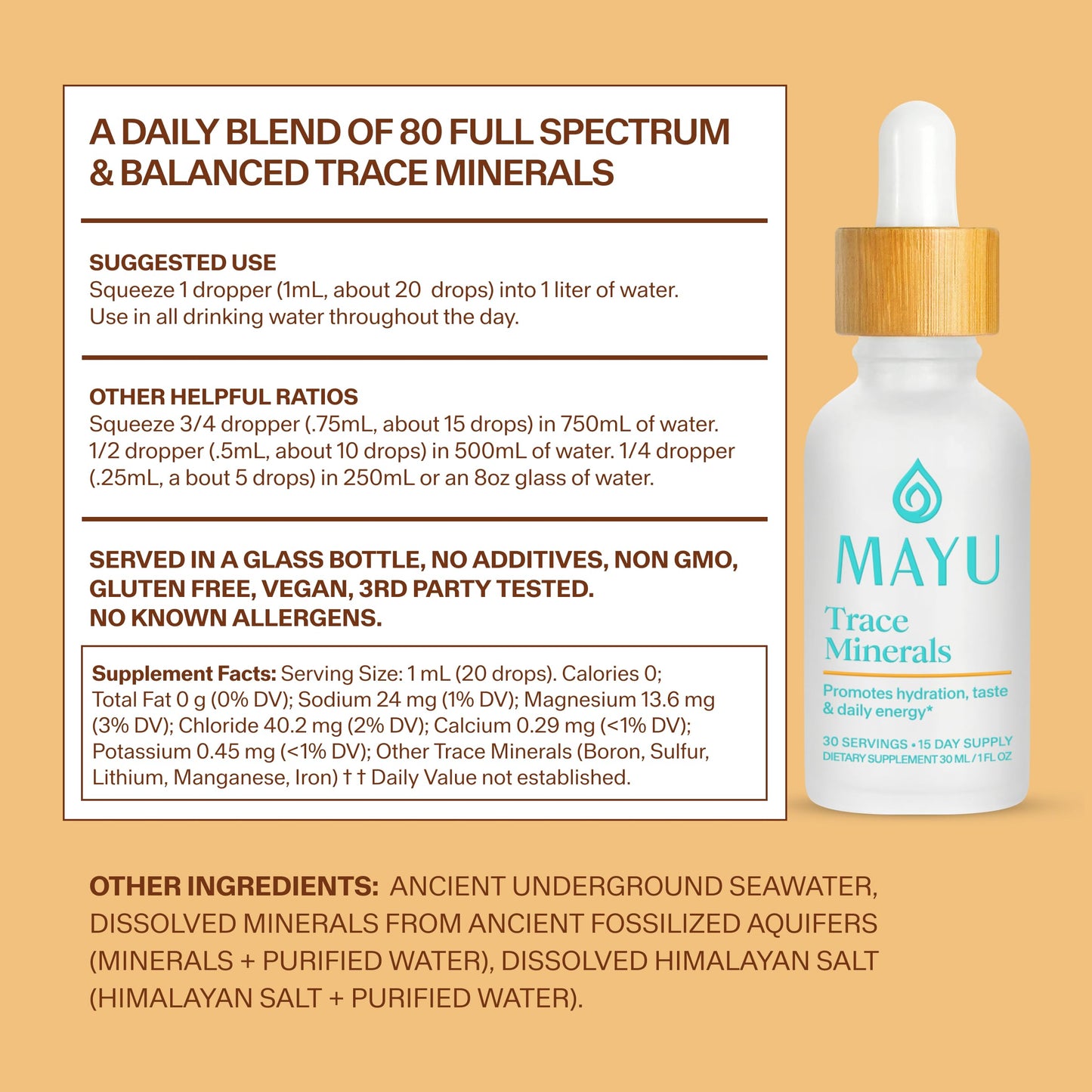 MAYU Trace Mineral Drops - 1 Bottle - 80+ Full-Spectrum Ionic Minerals for Water - Great-Tasting Mineral Supplement for Hydration - Magnesium, Potassium & Zinc - No Additives - 30 Servings