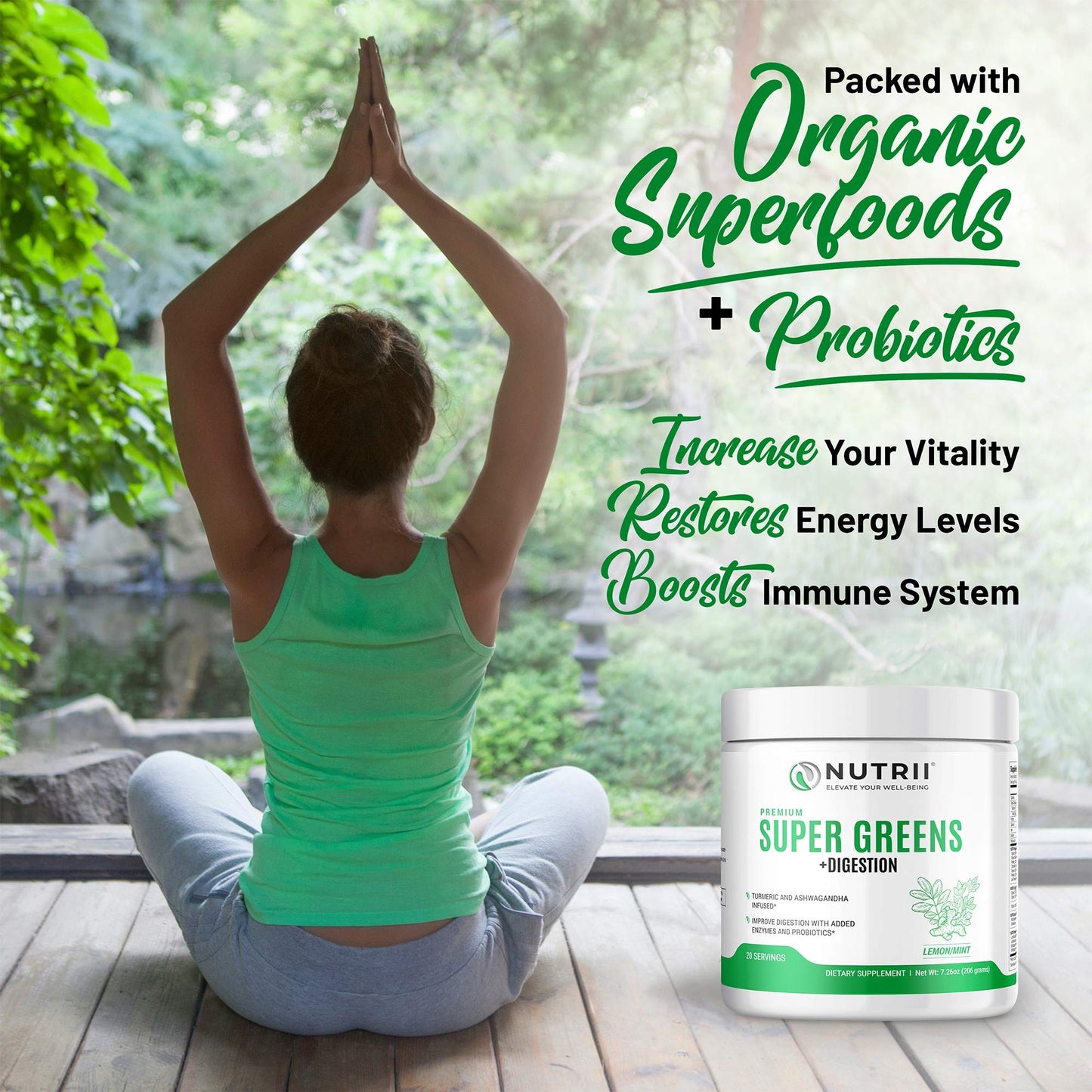 Nutrii Organic Green Immunity Superfood Powder - Soothes Digestion, Boosts Healthy Vitality and Energy. Fast Acting Formula with Probiotics, Enzymes,