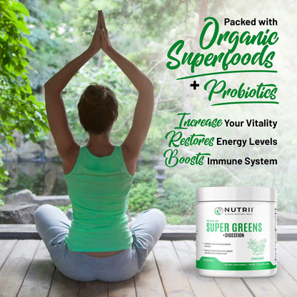 Nutrii Organic Green Immunity Superfood Powder - Soothes Digestion, Boosts Healthy Vitality and Energy. Fast Acting Formula with Probiotics, Enzymes,