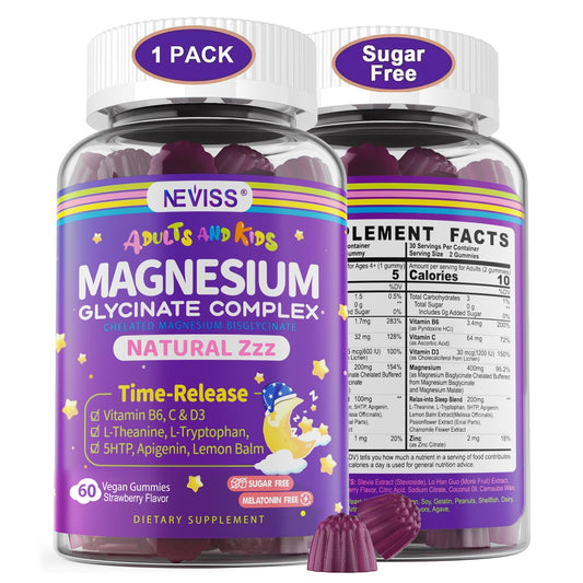 Magnesium Glycinate Gummies for Adults & Kids 4+, Sugar Free Magnesium Bisglycinate Supplement 400/200mg with B6D3, 5HTP, L-Theanine for Sleep & Relaxation