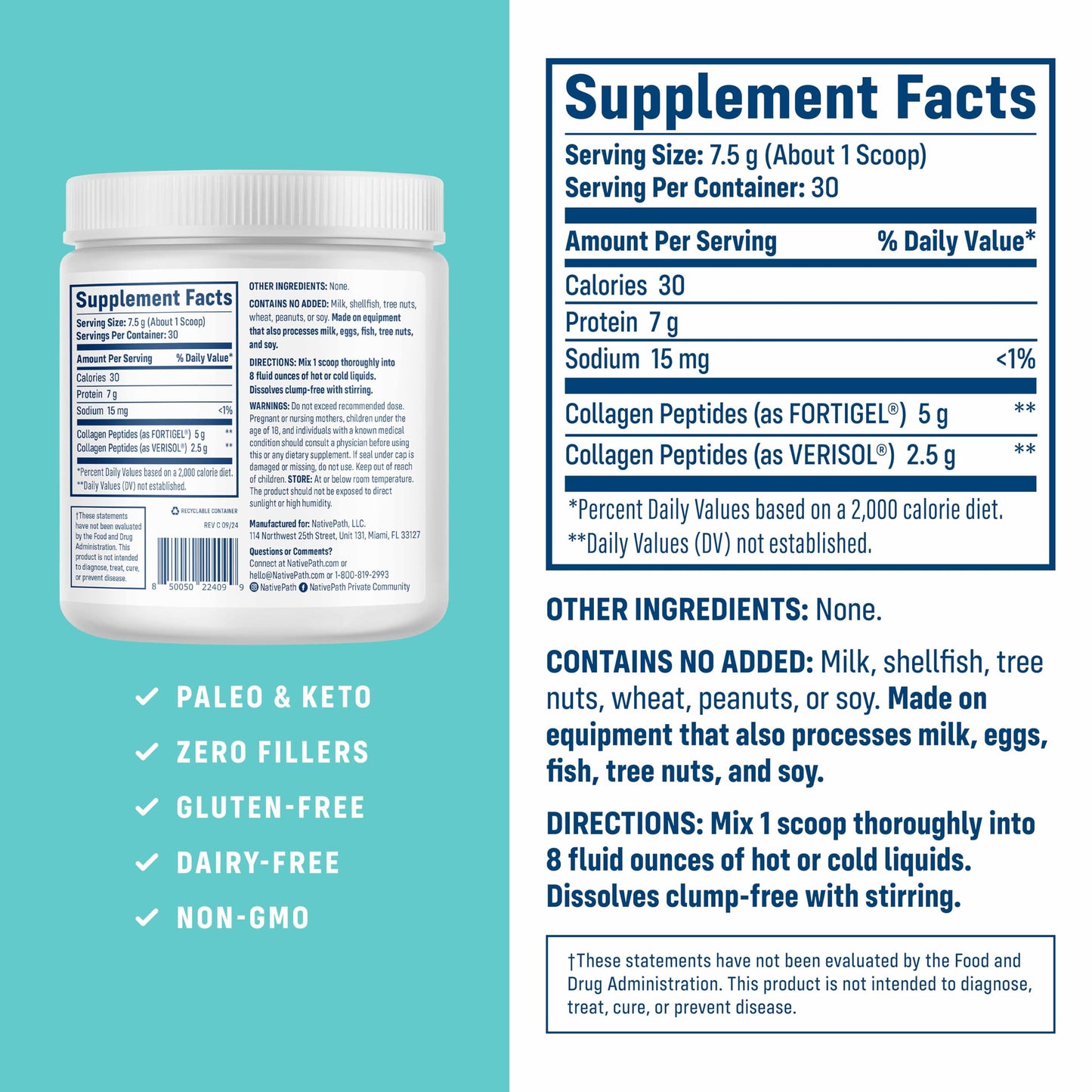 NativePath Fortigel & Verisol Joint Health Collagen Peptides Powder – Type 1 & 3, Grass-Fed Unflavored, 30 Servings