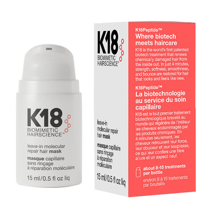 K18 Leave-In Molecular Repair Hair Mask - Peptide Hair Treatment Mask for Bleach, Color, Chemical + Heat Damaged Strands - Immediate
