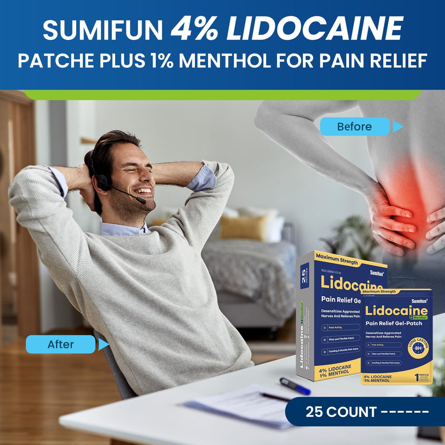 Sumifun Lidocaine Pain Relief Patches - Fast, Targeted Therapy Simple Backache, Soreness, Sprain, Joint Pain with Maximum Strength 4% Lidocaine and 1% Menthol (Large, Count, 25) SumifunBuy Supplements Australia