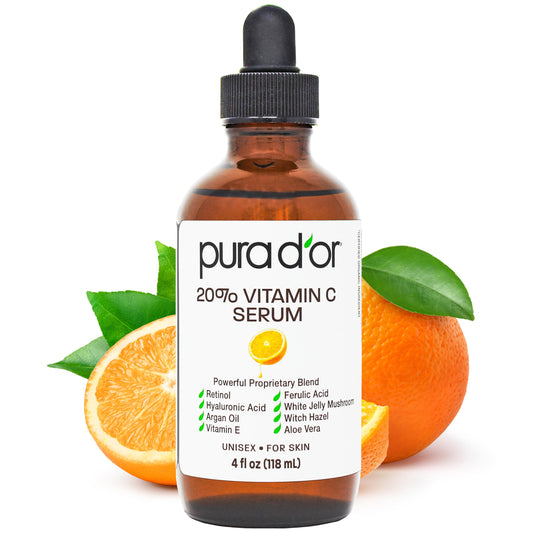 PURA D'OR 20% Vitamin C Facial Serum 4 Oz Antioxidant Blend w/Retinol, Hyaluronic Acid, Vitamin E, Ferulic Acid - Hydrating Lightweight Skincare Formula
