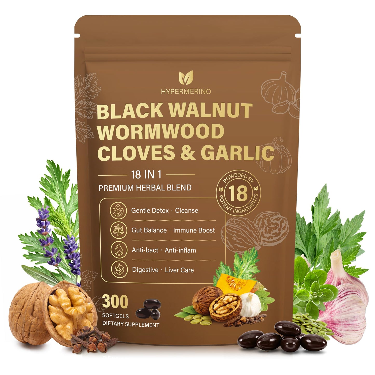 18-in-1 Wormwood Black Walnut Clove Parasite Cleanse, Herbal Blend with Garlic, Turmeric, Pumpkin Seed, Oregano & Berberine, Gut Health & Antioxidant Balance