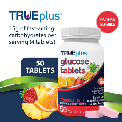 TRUEplus® Glucose Tablets, Tropical Fruit Flavor - 50ct Bottle (Pack of 2)