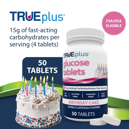 TRUEplus Glucose Tablets, Chewable, Birthday Cake Flavor, 15g Fast-Acting Carbohydrates, Dye Free, Gluten Free, No Fat, Boost Energy, 50 Count