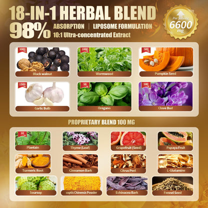 18-in-1 Black Walnut Wormwood Cleanse for Humans, 80 Day Supply, Serving, Rapid Gut Cleanse & Digestive Health with Clove, Garlic, Turmeric, Pumpkin Seed,