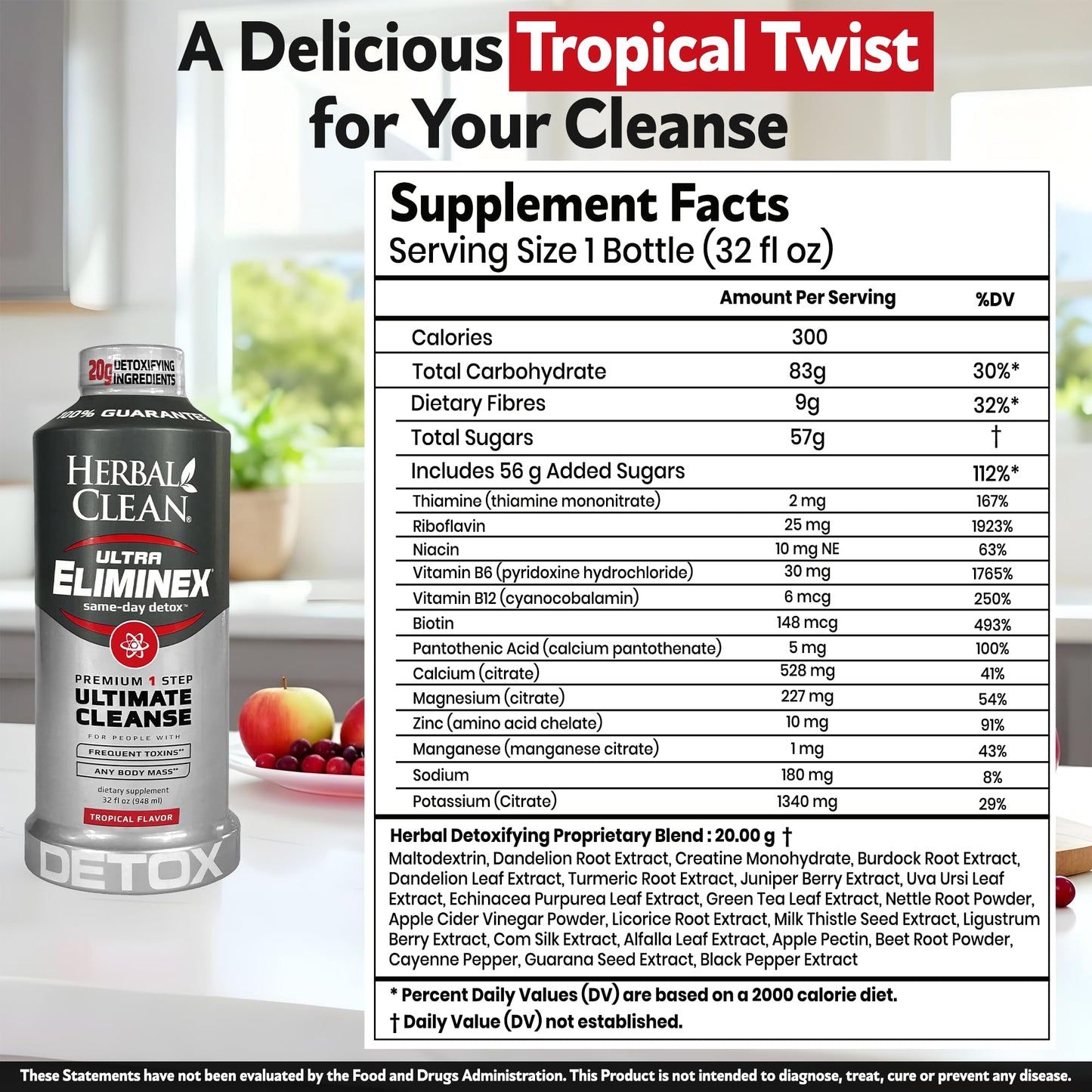 Herbal Clean Same Day Ultra Eliminex Detox Cleanse Drink* (32 fl oz) - Tropical Fruit Flavor Full Body Cleanse Detox Drink with Milk Thistle Seed* for high Toxin*, Vitamin B12 for Men & Women