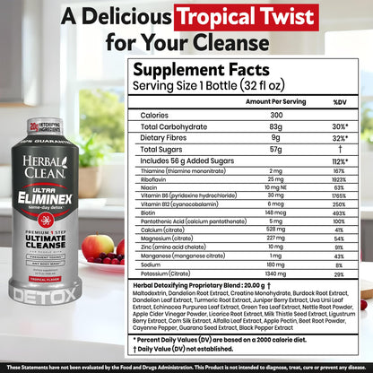 Herbal Clean Same Day Ultra Eliminex Detox Cleanse Drink* (32 fl oz) - Tropical Fruit Flavor Full Body Cleanse Detox Drink with Milk Thistle Seed* for high Toxin*, Vitamin B12 for Men & Women