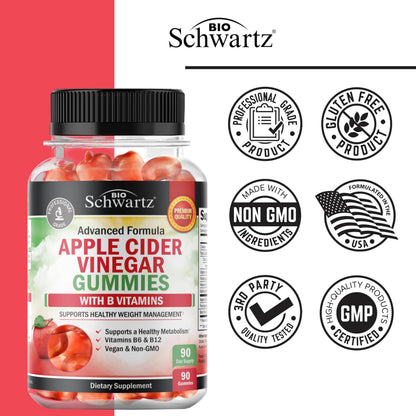 Apple Cider Vinegar Gummies - ACV Gummies with The Mother for Women & Men - Energy Boost Bloat Digestive & Immune Support - Vitamin B12 B6 B 9 Folic Acid
