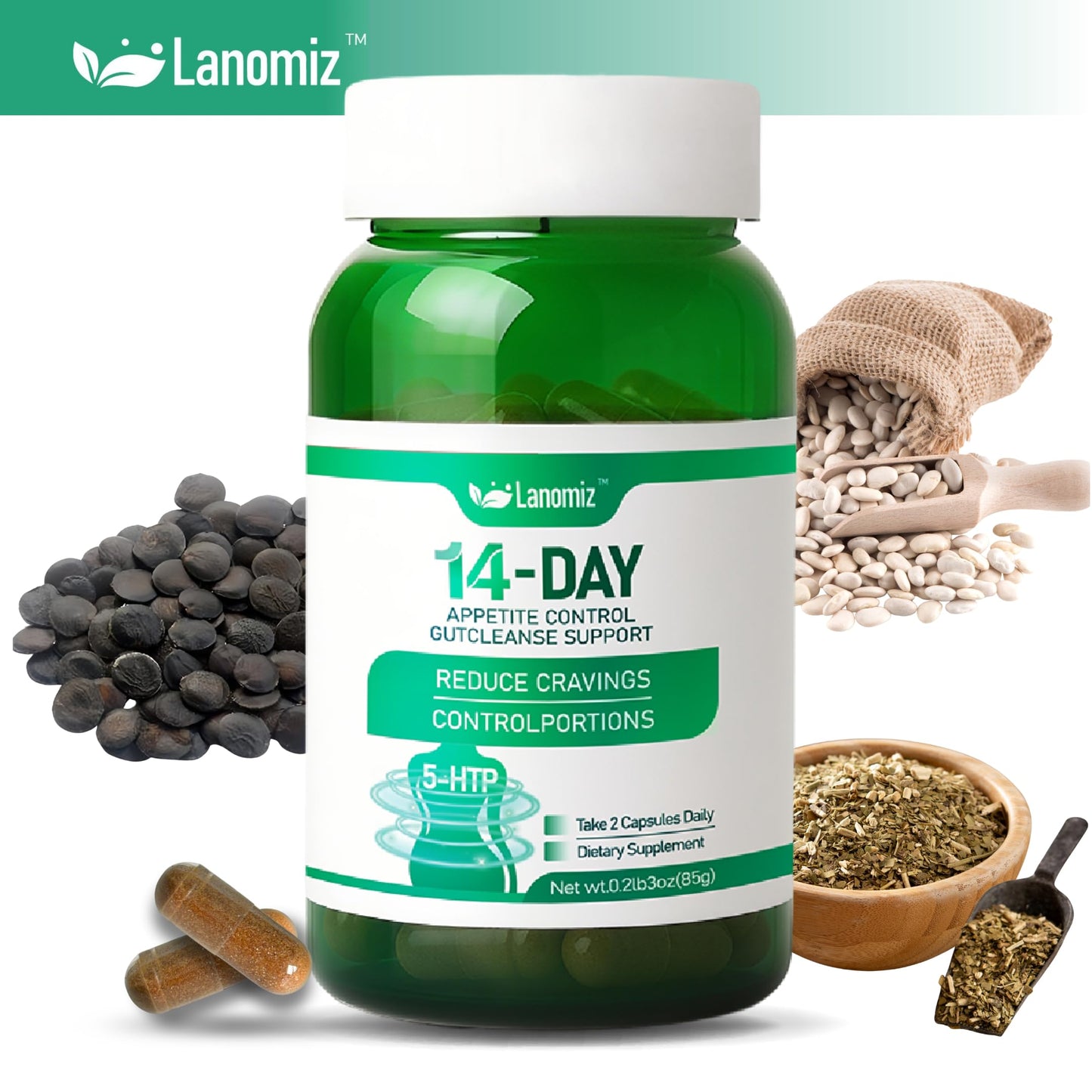 Lanomiz 14DAY Appetite & Craving Control Gut Health Complex Featuring Delayed-Release Probiotics & White Kidney Bean Extract 5-HTP
