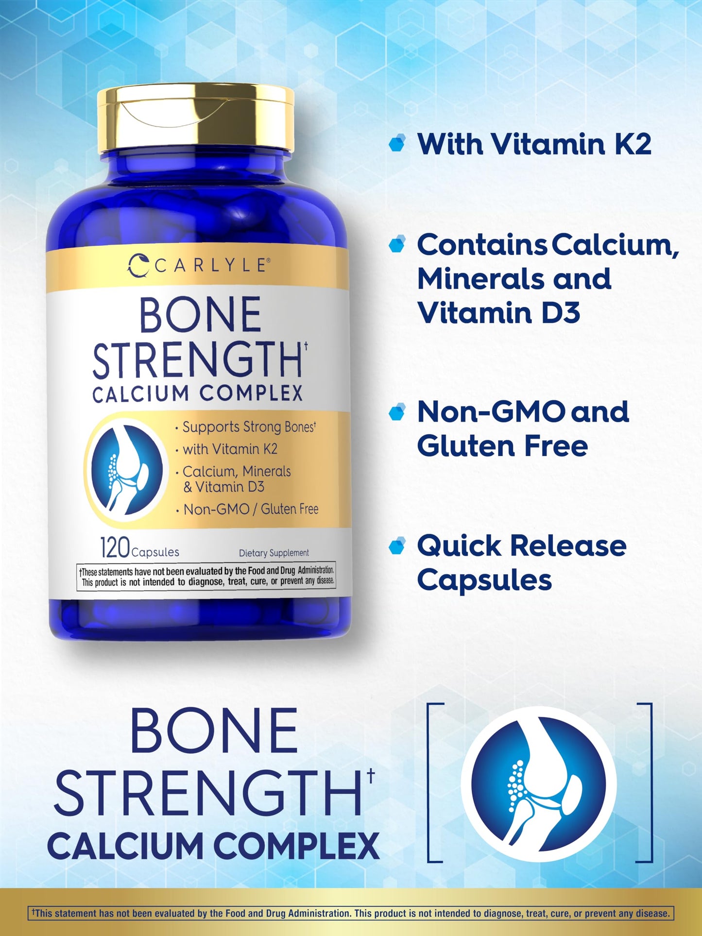 Carlyle Bone Strength Calcium Complex Supplement | with Vitamin D3, Magnesium, K2, Zinc & Boron | 120 Capsules | Non-GMO, Gluten Free