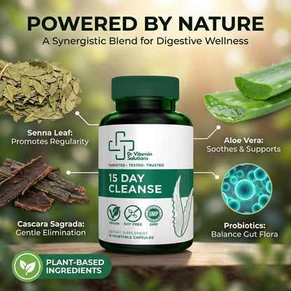 15 Day Colon Cleanse & Detox for Women and Men, Gut Cleanse with Senna, Aloe Vera, Psyllium Husk & Probiotics, Bloating, Constipation Relief, Gentle, Vegan,