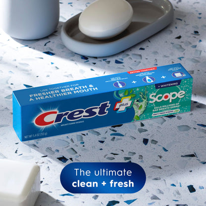 Crest + Scope Whitening Toothpaste - Pack of 3, 5.4 Oz Tubes - Anticavity Fluoride Toothpaste, Fresh Breath, Kills Germs - Tartar Protection,