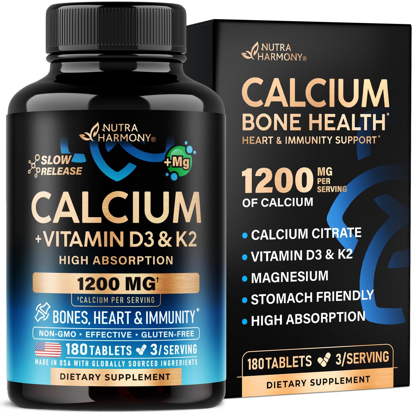 Calcium 1200 mg with Vitamin D3 - Calcium Citrate Supplements for Women & Men - Bone Health, Strength & Density - High Absorption & Slow Release