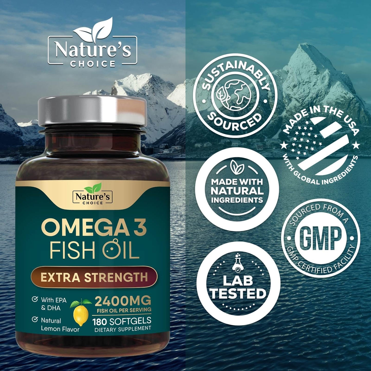 Omega 3 Fish Oil Supplements - 2400mg Fish Oil Per Serving - Triple Strength Omega-3 with Fatty Acids EPA & DHA - Natural Heart, Brain & Immune Support