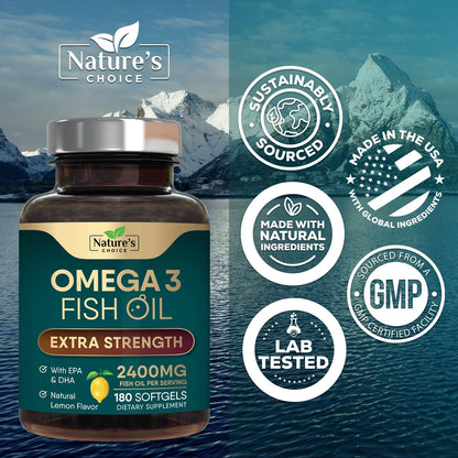 Omega 3 Fish Oil Supplements - 2400mg Fish Oil Per Serving - Triple Strength Omega-3 with Fatty Acids EPA & DHA - Natural Heart, Brain & Immune Support