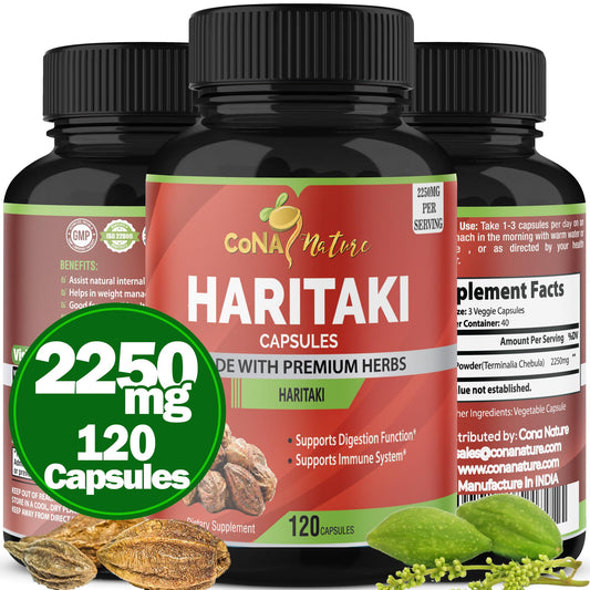 Cona Nature Organic India Haritaki Capsules 2250MG, Rejuvenation, Improving Digestion, Maintains Regularity | Non-GMO Vegan Gluten-Free Herbs and Supplements, 120 Caps