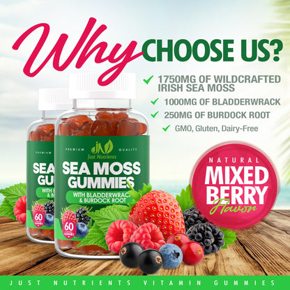 Sea Moss 3000mg Gummies with Bladderwrack and Burdock Root - Natural Irish Sea Moss Superfood for Immune, Thyroid and Detox Support - Extra Strength