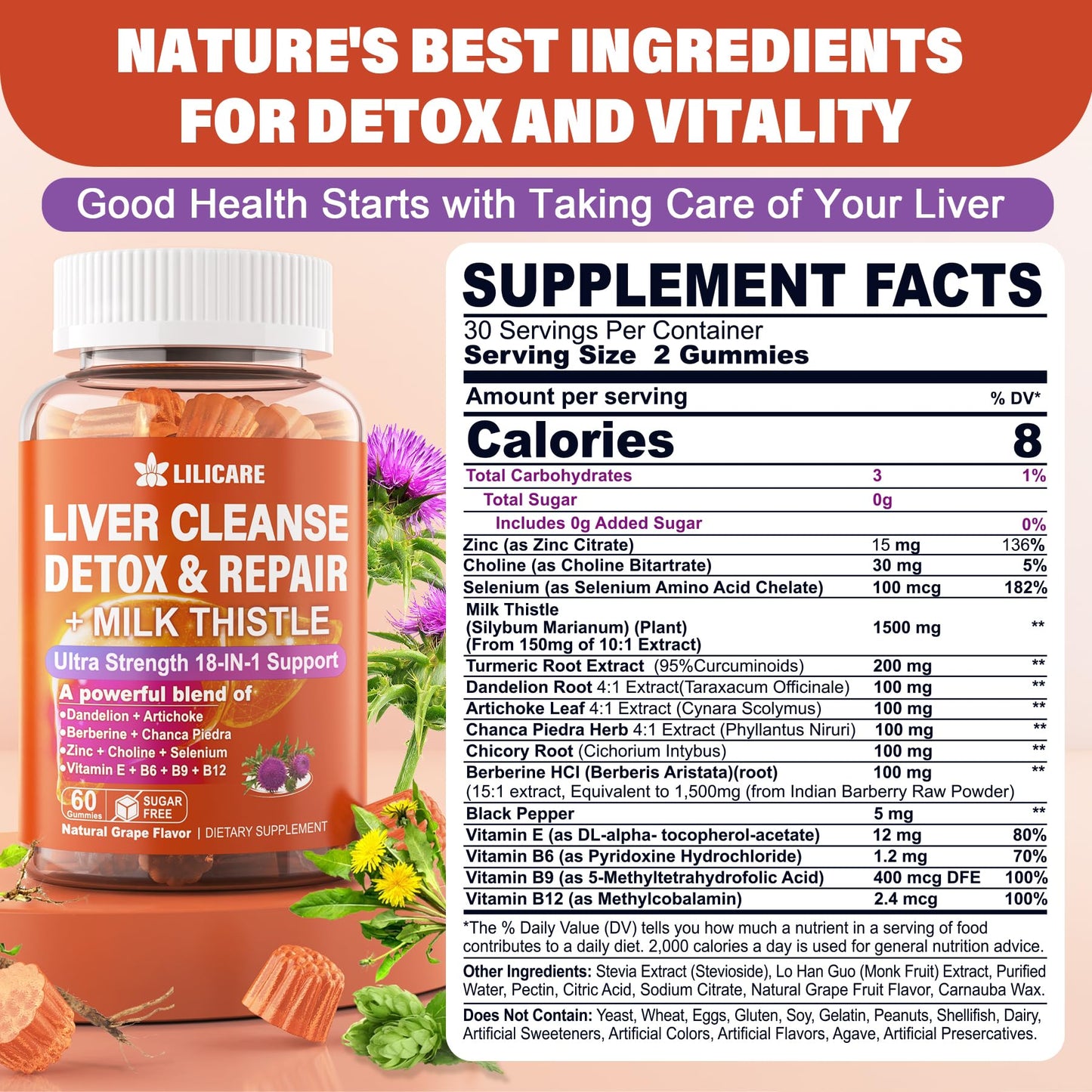 Milk Thistle Liver Detox Gummies, 18-IN-1 Liver Cleanse Detox & Repair Supplement with Berberine, Chicory Root, Turmeric, Artichoke, Dandelion Root, Chanca Piedra