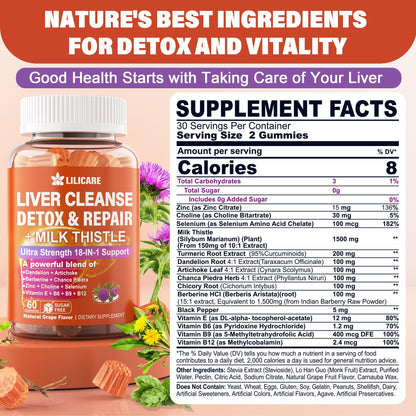 Milk Thistle Liver Detox Gummies, 18-IN-1 Liver Cleanse Detox & Repair Supplement with Berberine, Chicory Root, Turmeric, Artichoke, Dandelion Root, Chanca Piedra